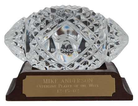 Mike Anderson 09-15-2002 Offensive Player of the Week Crystal Game Ball with Signed Base (Anderson LOA)